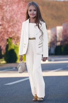 Kız Çocuk Blazer Ceket ve Zincir Detaylı Beyaz Tulum
