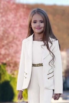 Kız Çocuk Blazer Ceket ve Zincir Detaylı Beyaz Tulum