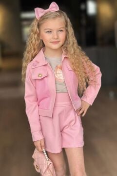 Kız Çocuk İnci Detaylı Güpür İşlemeli Çiçek Baskılı Pembe Alt Üst Takım