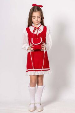 Kız Çocuk Kolları ve Yakası Şifon Etek Ucu Fırfırlı İnci İşlemeli Çift Cepli Kırmızı Triko Elbise