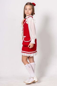 Kız Çocuk Kolları ve Yakası Şifon Etek Ucu Fırfırlı İnci İşlemeli Çift Cepli Kırmızı Triko Elbise