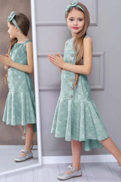 Kız Çocuk Dantel Örgü İşlemeli Askılı Crop Düğme İşlemeli Pliseli Yeşil Etekli Takım