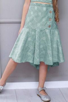 Kız Çocuk Dantel Örgü İşlemeli Askılı Crop Düğme İşlemeli Pliseli Yeşil Etekli Takım