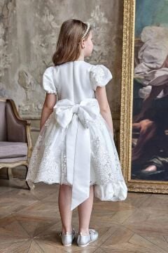 Kız Çocuk Bebe Yaka Detaylı Üzeri Boydan Dantel İşlemeli Astarlı Kabarık Beyaz Abiye