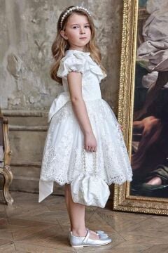 Kız Çocuk Bebe Yaka Detaylı Üzeri Boydan Dantel İşlemeli Astarlı Kabarık Beyaz Abiye
