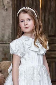 Kız Çocuk Bebe Yaka Detaylı Üzeri Boydan Dantel İşlemeli Astarlı Kabarık Beyaz Abiye