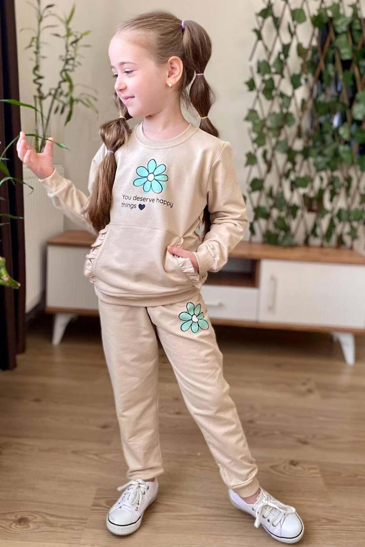 Kız Çocuk Papatya Baskılı ve Fırfır Cep Detaylı Sweat Alt Eşofman Krem Eşofman Takım