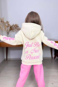 Kız Çocuk Sırt Baskılı ve Kollarında Yazı Detaylı Sweatshirt Pembe Eşofman Takım
