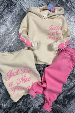 Kız Çocuk Sırt Baskılı ve Kollarında Yazı Detaylı Sweatshirt Pembe Eşofman Takım