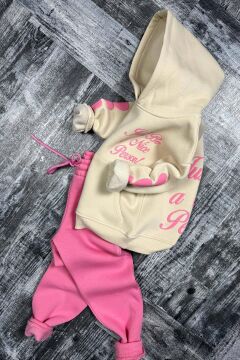 Kız Çocuk Sırt Baskılı ve Kollarında Yazı Detaylı Sweatshirt Pembe Eşofman Takım