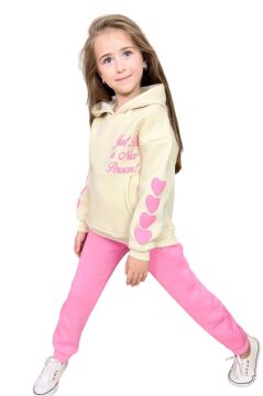 Kız Çocuk Sırt Baskılı ve Kollarında Yazı Detaylı Sweatshirt Pembe Eşofman Takım