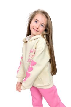 Kız Çocuk Sırt Baskılı ve Kollarında Yazı Detaylı Sweatshirt Pembe Eşofman Takım