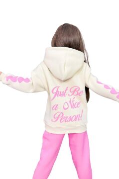 Kız Çocuk Sırt Baskılı ve Kollarında Yazı Detaylı Sweatshirt Pembe Eşofman Takım