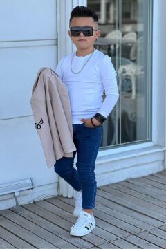 Erkek Çocuk Armalı Blazer Ceket ve Uzun Kollu Düğmeli Tişört Krem Alt Üst Takım