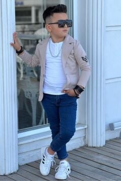 Erkek Çocuk Armalı Blazer Ceket ve Uzun Kollu Düğmeli Tişört Krem Alt Üst Takım