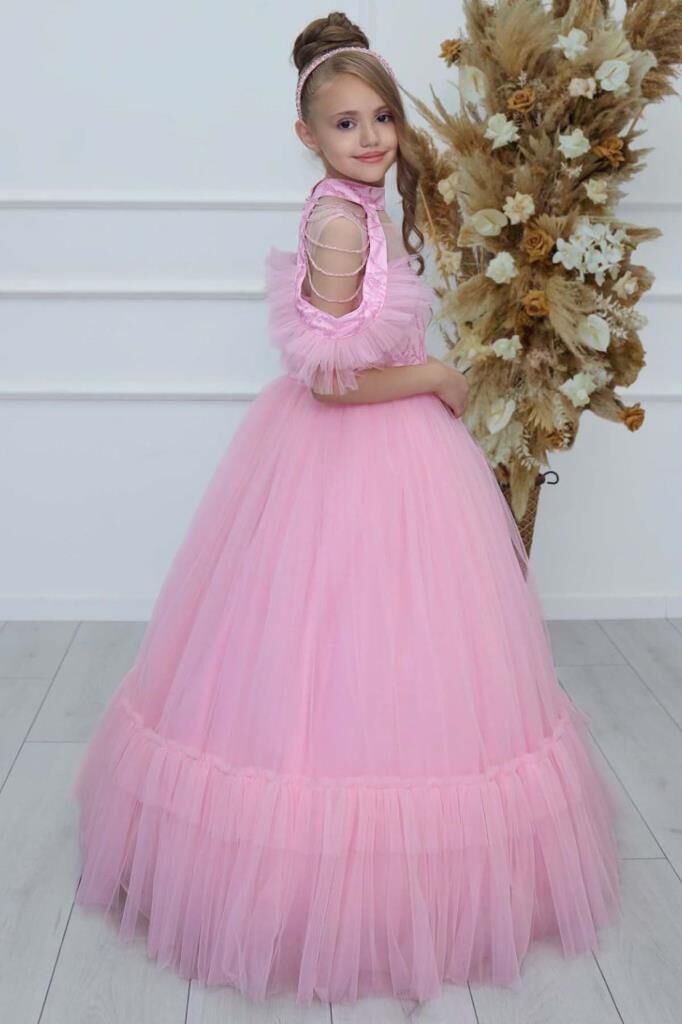 Kız Çocuk Göğsü Simli Jakar Detaylı Çıkarılabilir Yaka Omuzları İncili Kolsuz Pembe Abiye