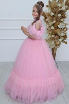 Kız Çocuk Göğsü Simli Jakar Detaylı Çıkarılabilir Yaka Omuzları İncili Kolsuz Pembe Abiye