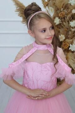 Kız Çocuk Göğsü Simli Jakar Detaylı Çıkarılabilir Yaka Omuzları İncili Kolsuz Pembe Abiye