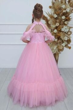 Kız Çocuk Göğsü Simli Jakar Detaylı Çıkarılabilir Yaka Omuzları İncili Kolsuz Pembe Abiye