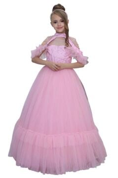 Kız Çocuk Göğsü Simli Jakar Detaylı Çıkarılabilir Yaka Omuzları İncili Kolsuz Pembe Abiye