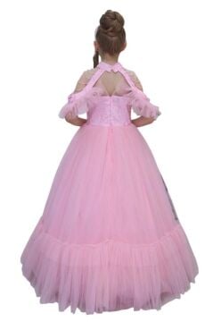 Kız Çocuk Göğsü Simli Jakar Detaylı Çıkarılabilir Yaka Omuzları İncili Kolsuz Pembe Abiye