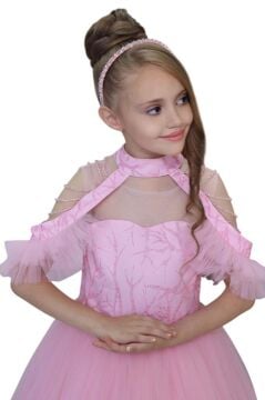 Kız Çocuk Göğsü Simli Jakar Detaylı Çıkarılabilir Yaka Omuzları İncili Kolsuz Pembe Abiye