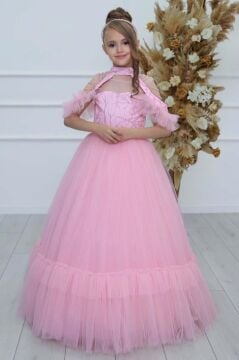 Kız Çocuk Göğsü Simli Jakar Detaylı Çıkarılabilir Yaka Omuzları İncili Kolsuz Pembe Abiye