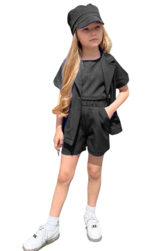 Kız Çocuk Kolsuz Penye Bluz Kısa Kollu Blazer Ceket Şapkalı Siyah Şortlu Takım
