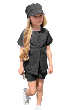 Kız Çocuk Kolsuz Penye Bluz Kısa Kollu Blazer Ceket Şapkalı Siyah Şortlu Takım