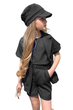 Kız Çocuk Kolsuz Penye Bluz Kısa Kollu Blazer Ceket Şapkalı Siyah Şortlu Takım