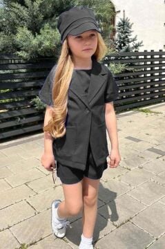 Kız Çocuk Kolsuz Penye Bluz Kısa Kollu Blazer Ceket Şapkalı Siyah Şortlu Takım