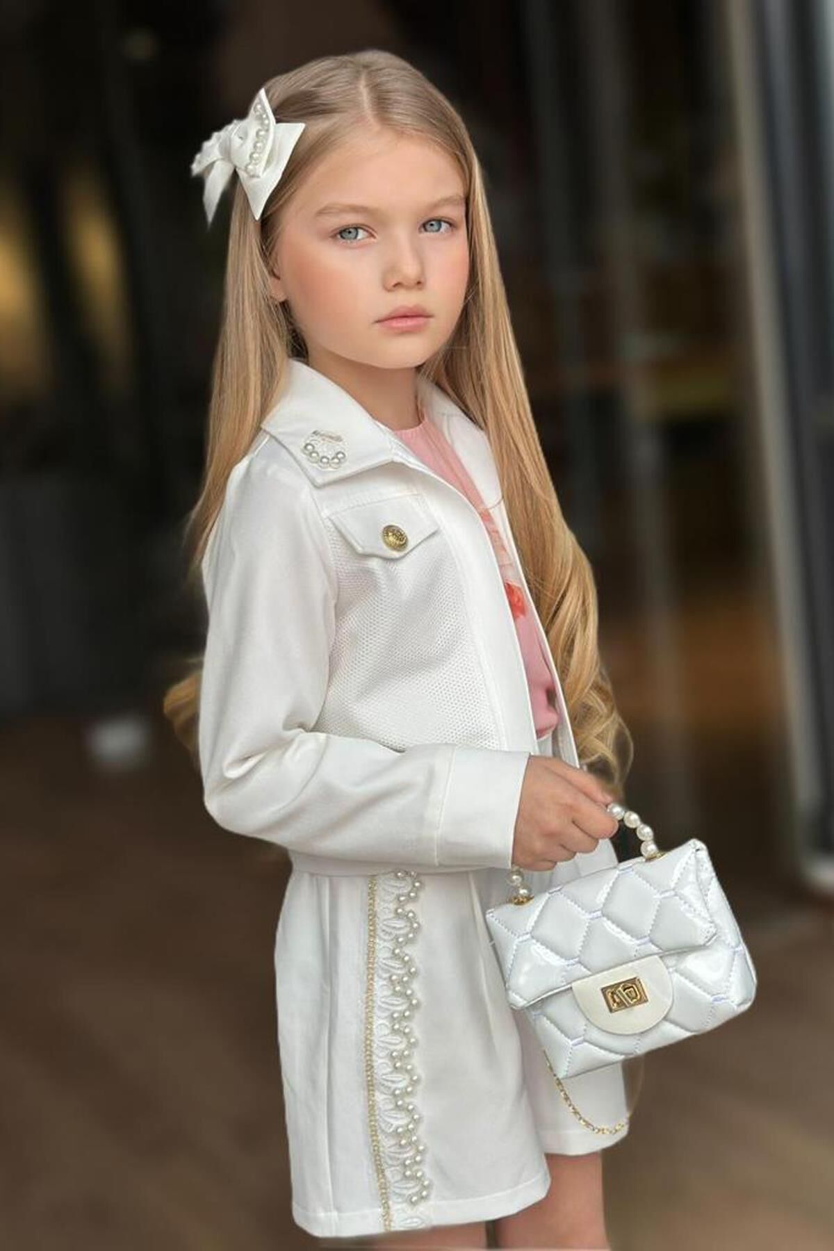 Kız Çocuk İnci Detaylı Güpür İşlemeli Çiçek Baskılı  Beyaz Alt Üst Takım