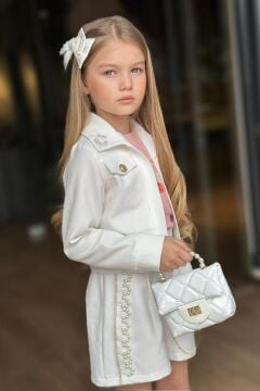 Kız Çocuk İnci Detaylı Güpür İşlemeli Çiçek Baskılı  Beyaz Alt Üst Takım