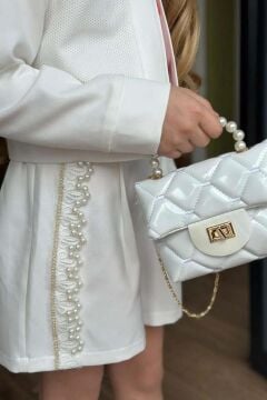 Kız Çocuk İnci Detaylı Güpür İşlemeli Çiçek Baskılı  Beyaz Alt Üst Takım