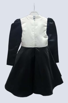 Kız Çocuk Sırtı Fermuar Detaylı Beyaz Renk Göğsü Papatya Detaylı Karpuz Kol Cepli Siyah Elbise