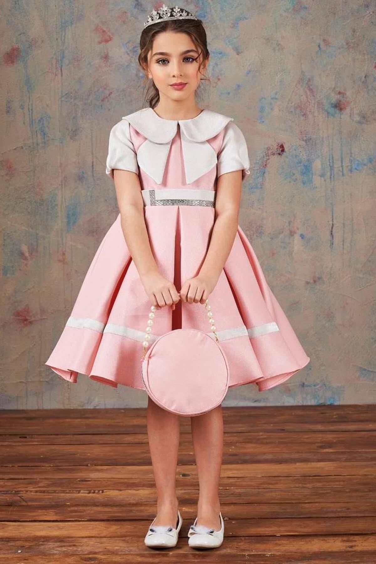 Kız Çocuk Bebe Yakalı Arkadan Bağlama Detaylı Etek Ucu Şeritli Pembe Saten Abiye