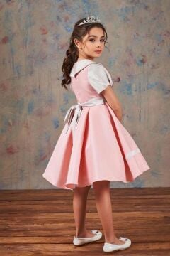 Kız Çocuk Bebe Yakalı Arkadan Bağlama Detaylı Etek Ucu Şeritli Pembe Saten Abiye