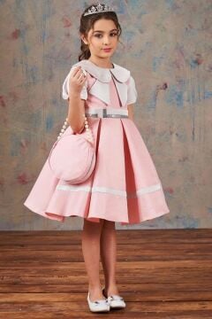 Kız Çocuk Bebe Yakalı Arkadan Bağlama Detaylı Etek Ucu Şeritli Pembe Saten Abiye