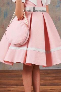 Kız Çocuk Bebe Yakalı Arkadan Bağlama Detaylı Etek Ucu Şeritli Pembe Saten Abiye