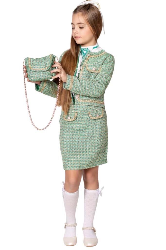 Kız Çocuk Gold Şerit Detaylı Blazer Ceket Yakası Asimetrik Kesim Gömlek Triko Yeşil Etekli Takım