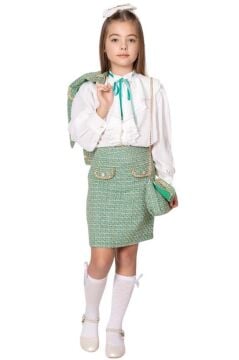Kız Çocuk Gold Şerit Detaylı Blazer Ceket Yakası Asimetrik Kesim Gömlek Triko Yeşil Etekli Takım