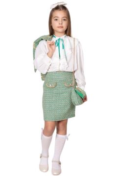 Kız Çocuk Gold Şerit Detaylı Blazer Ceket Yakası Asimetrik Kesim Gömlek Triko Yeşil Etekli Takım