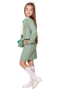 Kız Çocuk Gold Şerit Detaylı Blazer Ceket Yakası Asimetrik Kesim Gömlek Triko Yeşil Etekli Takım
