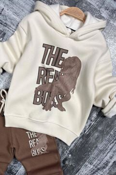 Erkek Çocuk Önü Yazı Ve Dino Baskılı Kapşonlu Sweatshirt 3 İplik Kahverengi Eşofman Takım