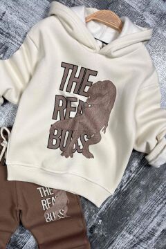 Erkek Çocuk Önü Yazı Ve Dino Baskılı Kapşonlu Sweatshirt 3 İplik Kahverengi Eşofman Takım