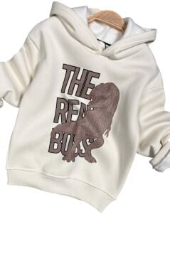 Erkek Çocuk Önü Yazı Ve Dino Baskılı Kapşonlu Sweatshirt 3 İplik Kahverengi Eşofman Takım