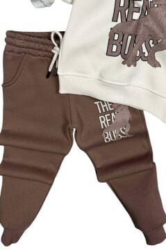 Erkek Çocuk Önü Yazı Ve Dino Baskılı Kapşonlu Sweatshirt 3 İplik Kahverengi Eşofman Takım