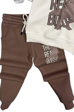 Erkek Çocuk Önü Yazı Ve Dino Baskılı Kapşonlu Sweatshirt 3 İplik Kahverengi Eşofman Takım