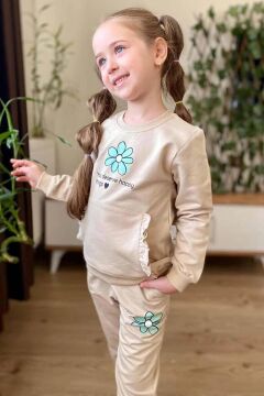 Kız Çocuk Göğsünde Papatya ve Kanguru Fırfır Cep Detaylı Sweat Bej Eşofman Takım