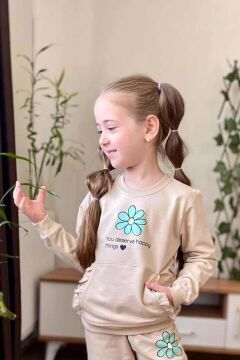 Kız Çocuk Göğsünde Papatya ve Kanguru Fırfır Cep Detaylı Sweat Bej Eşofman Takım